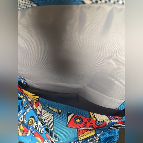 Blue Printed Backpack 10" Wide 15" Tall Double Secure Straps & Pockets - Picture 8 of 16